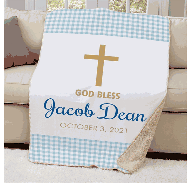 Personalized Baptism Gingham Sherpa Blanket