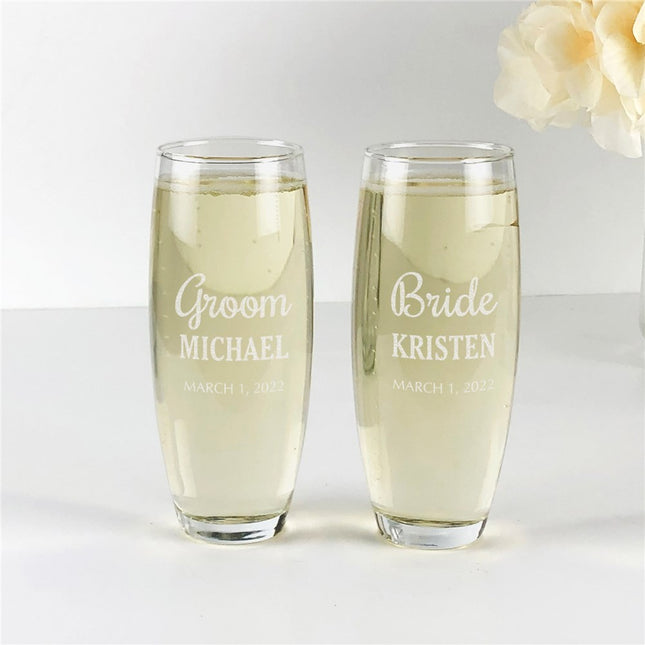 Personalized Bride and Groom  Name And Date Stemless Flute Set