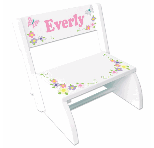 Personalized Childs Wood Flip Stool - Buterfly Garland Pastel