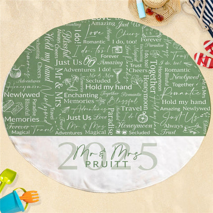 Personalized Green Honeymoon Word Art Round Beach Towel