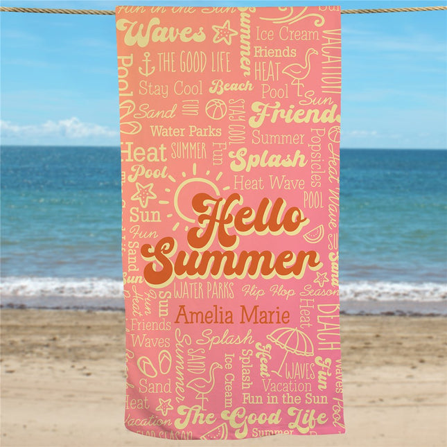 Personalized Hello Summer Groovy Beach Towel