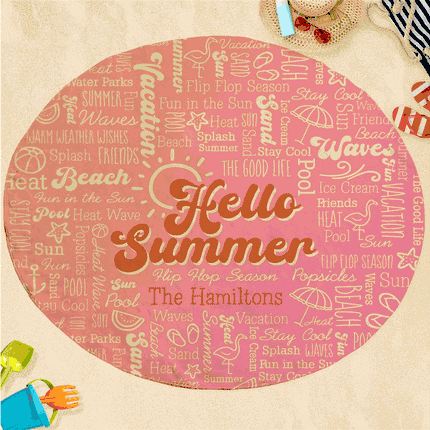 Personalized Hello Summer Groovy Round Beach Towel