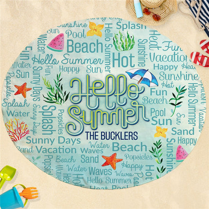 Personalized Hello Summer Watercolor Icons Round Beach Towel