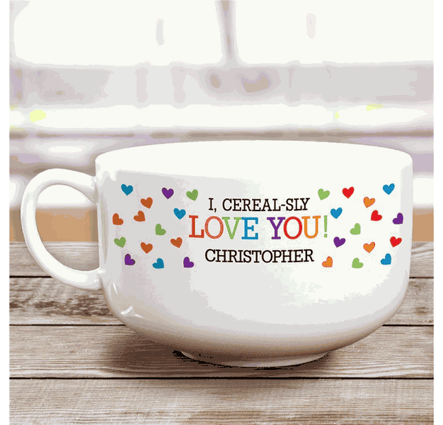 Personalized I, Cereal-sly Love You Colorful Hearts Ceramic Bowl
