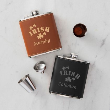 Personalized Irish Shamrocks Leather Flask Set
