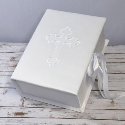 Personalized Matte Satin Medium Baby Keepsake Box with Cross