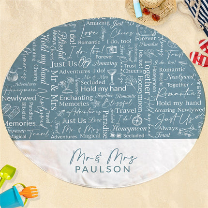 Personalized Mr & Mrs Blue Honeymoon Word Art Round Beach Towel