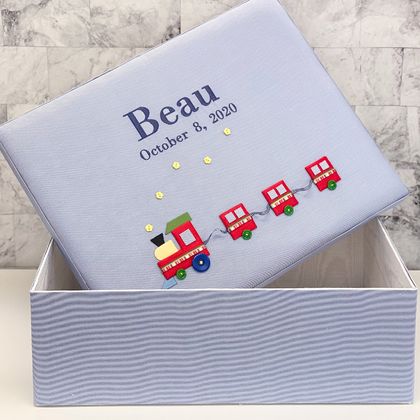Personalized Multicolored Train on Micro Stripe Cotton Large Baby Keepsake Box