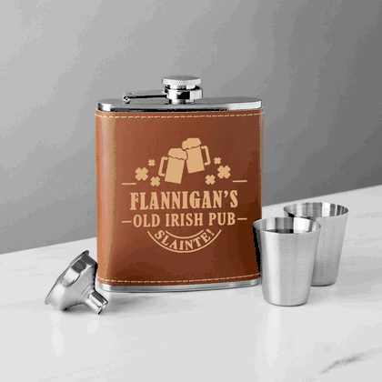 Personalized Old Irish Pub Leather Flask Set