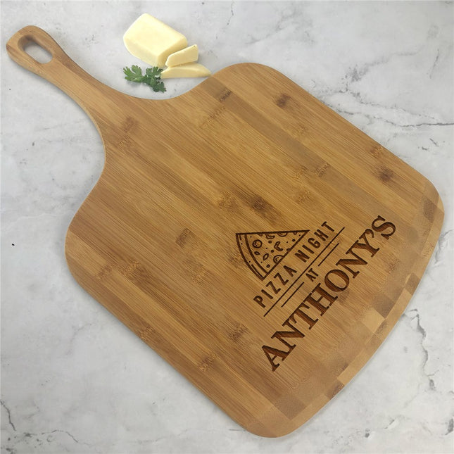 Personalized Pizza Slice on top of Pizza Night Bamboo Pizza Board