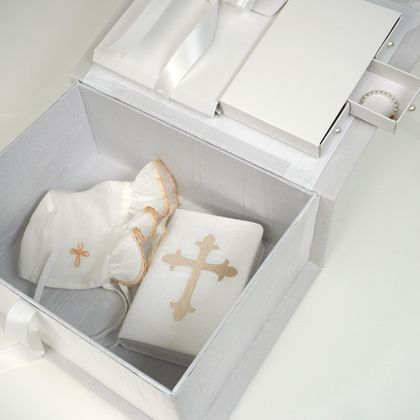 Personalized Shantung Medium Baby Keepsake Box with Cross