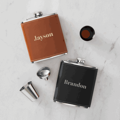 Personalized Stainless And Leather Flask Set