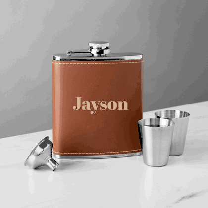 Personalized Stainless And Leather Flask Set