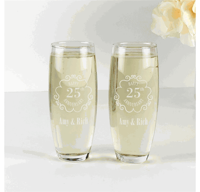 Personalized Vintage Frame Anniversary Stemless Flute Set
