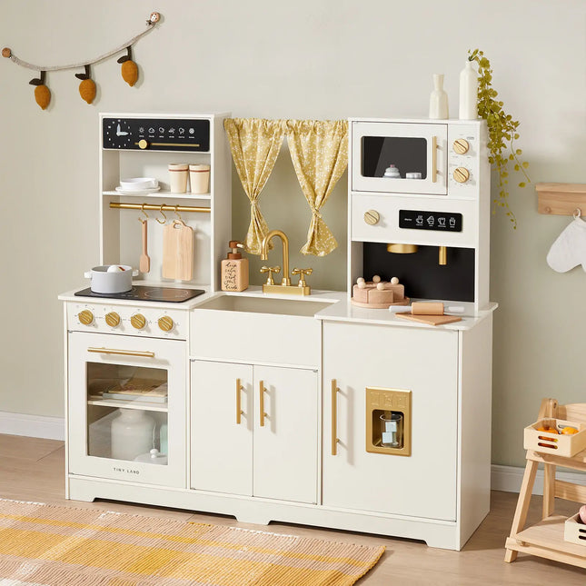 Tiny Land Iconic Wooden Play Kitchen - Cream Pretend Cooking Set for Kids