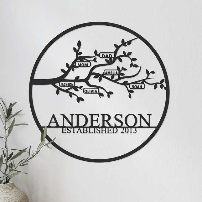 Personalized Family Branch Metal Sign Laser Cut Steel Circle with Names on Branch