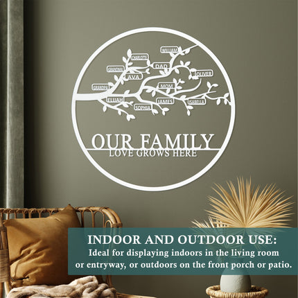 Personalized Family Branch Metal Sign Laser Cut Steel Circle with Names on Branch