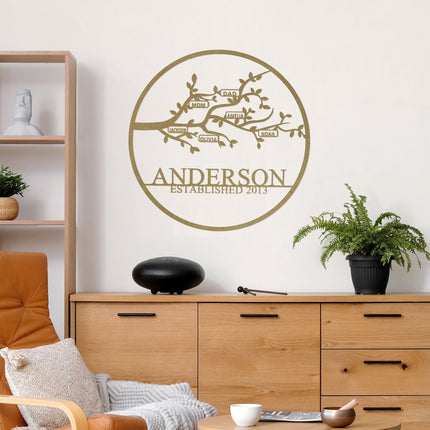 Personalized Family Branch Metal Sign Laser Cut Steel Circle with Names on Branch