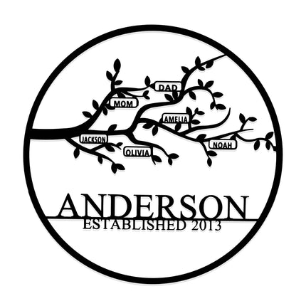 Personalized Family Branch Metal Sign Laser Cut Steel Circle with Names on Branch
