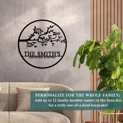 Personalized Family Branch Metal Sign Laser Cut Steel Circle with Names on Branch