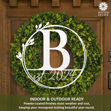 Floral Leaves - Outdoor Monogram Wreaths for Front Door - Monogram Wall Decor Metal Initial Signs