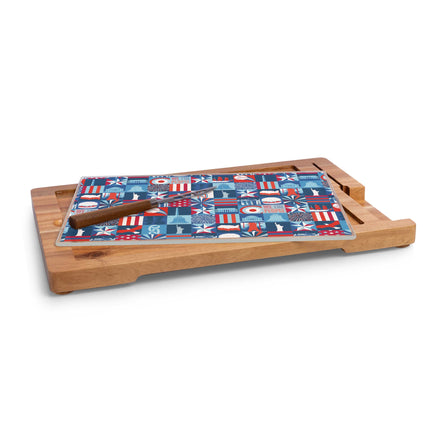 America250 Multiple Red, White, Blue - Ventana Tempered Glass and Acacia Cheese Board and Knife Set
